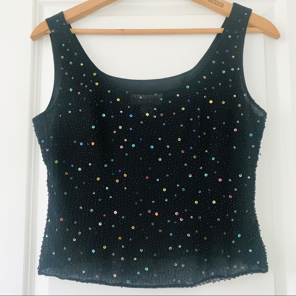 Bloomingdale's Sparkly Sequined & Beaded Black Tank Cami Sz 10P w MEASUREMENTS